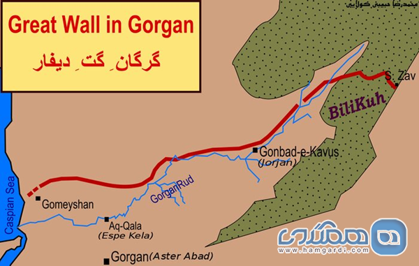 نقشه ای از مسیر دیوار تاریخی گرگان