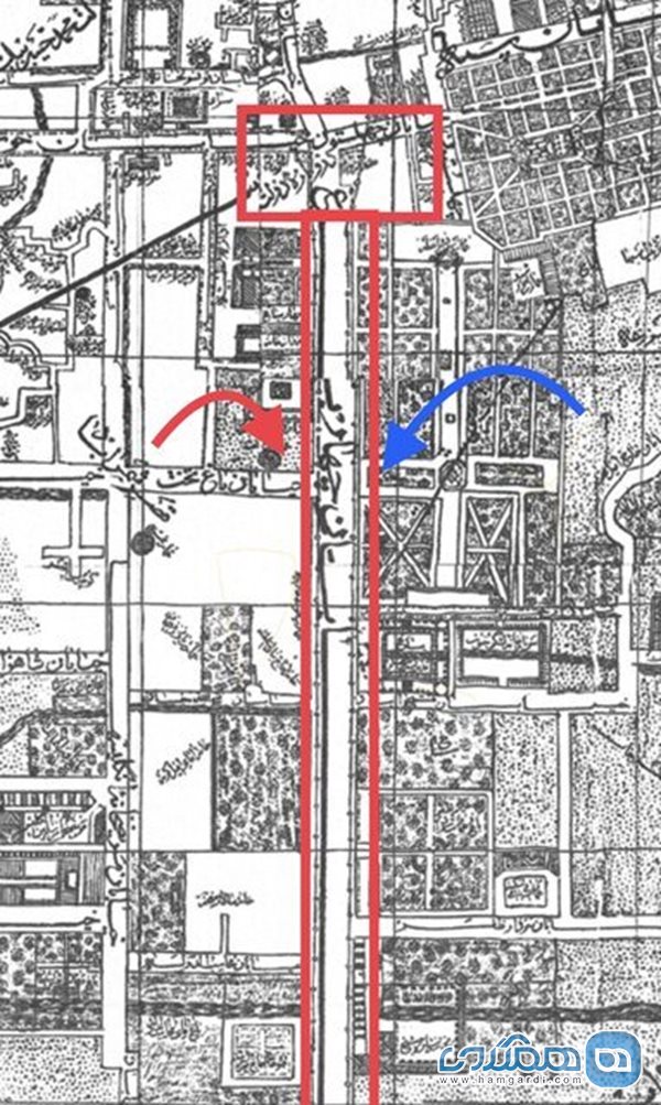 نقشه ای از موقعیت باغ تخت (ابتدای خیابان شیخ بهایی)