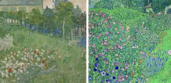 سمت راست «منظره باغ ایتالیایی» اثر «کلیمت» و سمت چپ «گلهای باغ داوبینی» اثر «ونگوگ»