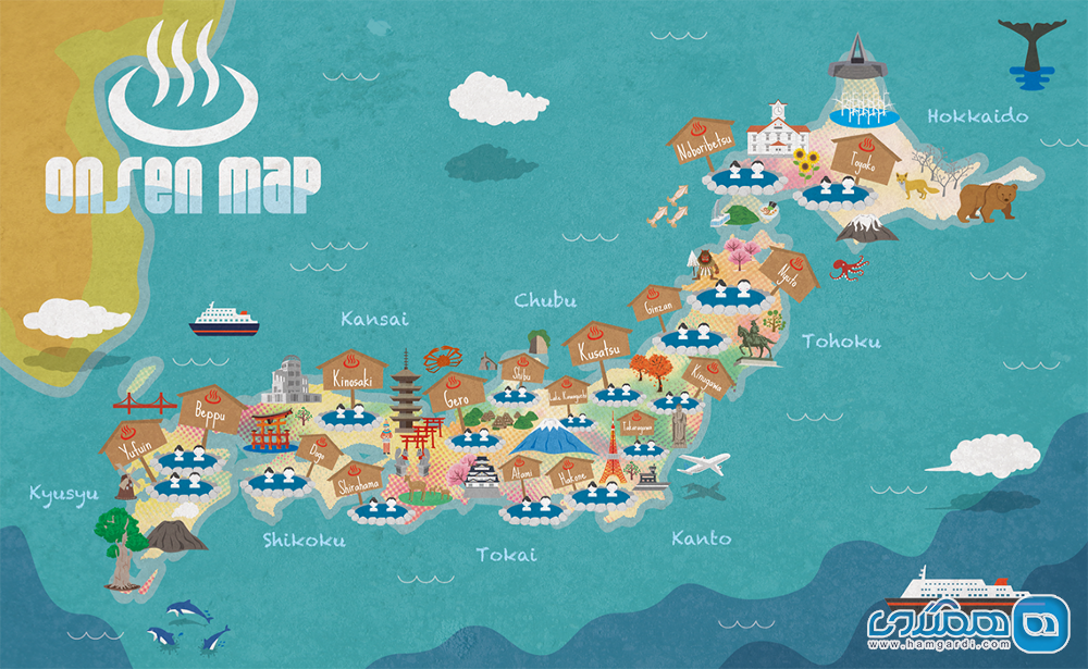 نقشه اونسن های ژاپن / بهترین چشمه های آب گرم ژاپنی