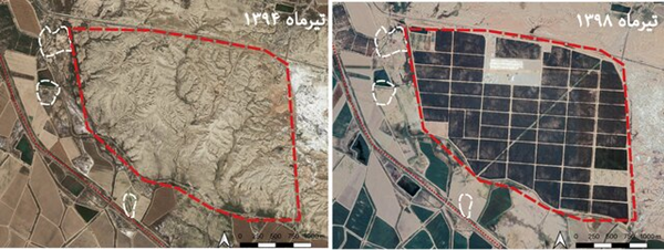 تصاویر ماهواره ای از تسطیح تدریجی تاقدیس خوزستان در سال های ۹۴ و ۹۸