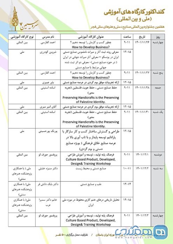 برگزاری 13 کارگاه آموزشی در جشنواره صنایع دستی فجر