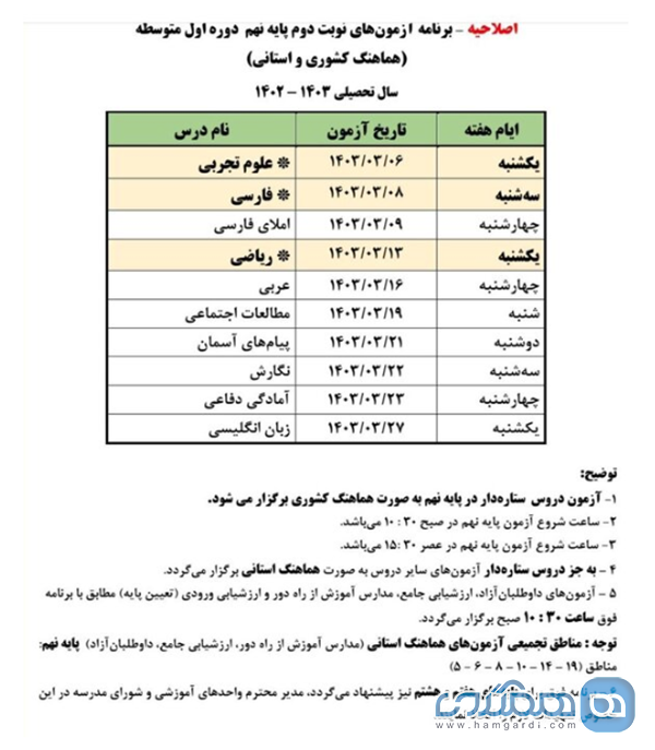 اصلاحیه برنامه آزمون هماهنگ پایه ششم ابتدایی و نهم متوسطه کشوری اعلام شد